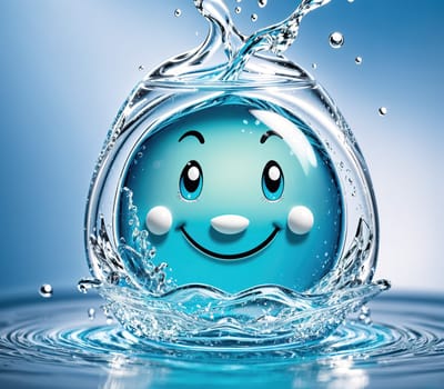 The image is a smiling face made of water bubbles with a blue background.