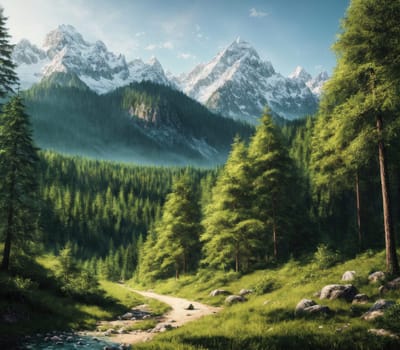 The image depicts a serene and peaceful landscape with a mountain range in the background, a river flowing through the foreground, and a dirt path leading to a clearing in the woods.