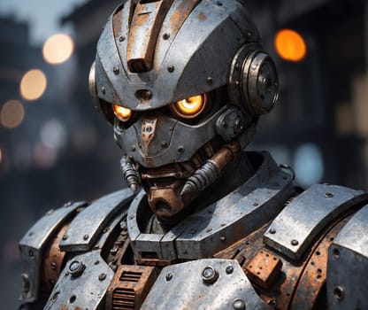 The image is of a futuristic robot with glowing red eyes and a metallic body, standing in the middle of a city street.