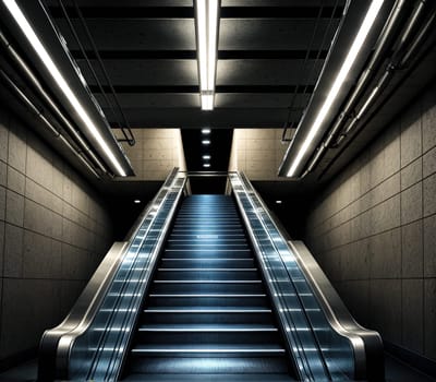 The image depicts a staircase leading up to an empty, dimly lit room with white walls and a concrete floor.