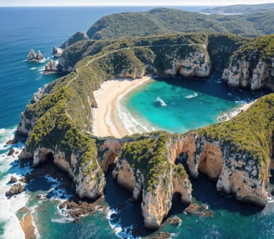The image shows a large rock formation with a small beach and clear blue water in the background.