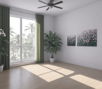 The image is a white room with a large window that lets in natural light, a green plant on a table, and a ceiling fan.