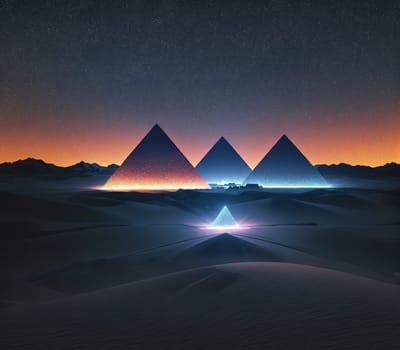 The image shows a desert landscape with three pyramids in the distance, with the sun setting in the background.