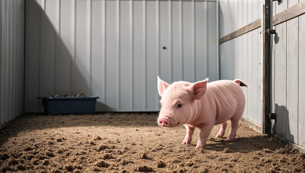 The image shows a small pig standing in a barn, looking out at the viewer.