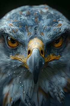 A closeup of a grey Eagles face with water drops on its feathers, showcasing the majestic beauty of this Accipitridae bird of prey