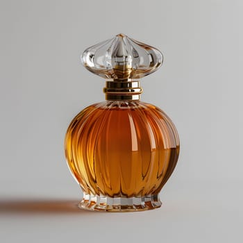 An elegant glass bottle of perfume with a clear top, showcasing the liquid inside. The amber hue of the fragrance contrasts beautifully with the white background