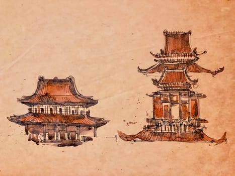 Paintings of classical Chinese buildings are framed and displayed in the living room