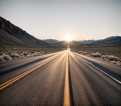 The image shows a desert road with mountains in the background and the sun setting in the distance.