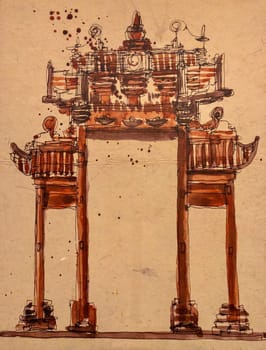 Chinese city gate painting with traditional Asian or Chinese architectural style on canvas.