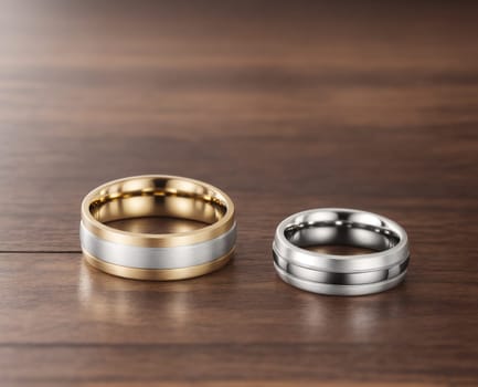 The image is a pair of wedding rings, one in gold and the other in silver, sitting on a wooden surface.