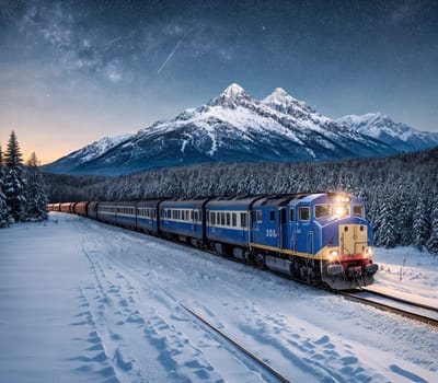 The image shows a train traveling through a snowy landscape with mountains in the background.