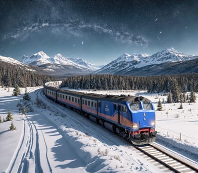 The image shows a train traveling through a snowy landscape with mountains in the background.