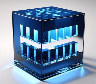The image is a cube made of clear glass with a blue light shining through it.
