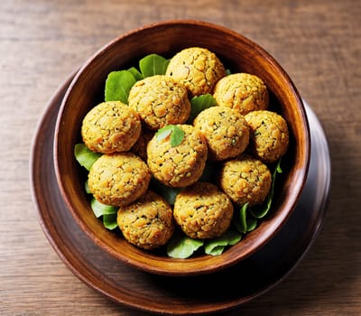 The image shows a bowl of falafel balls sitting on a wooden table with a green salad in the background.