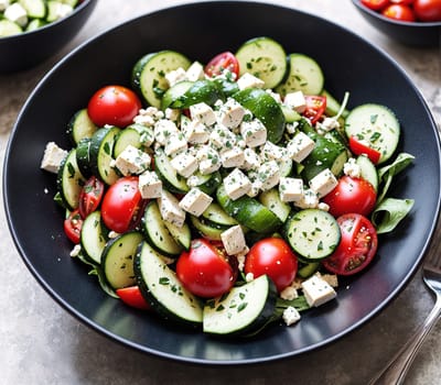 The image shows a bowl of Greek salad with cucumbers, tomatoes, feta cheese, and olives on a black plate.