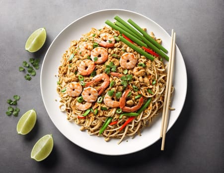 The image shows a plate of stir fried noodles with shrimp, vegetables, and sauce on a white plate.