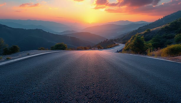 The perspective of the road against the background of sunset and the cityscape. High quality photo