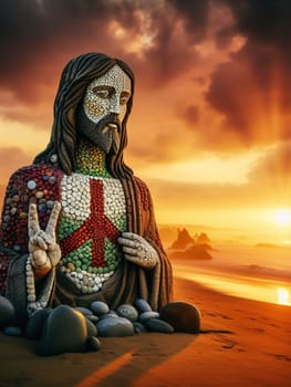 Sculpture of Jesus Christ made of pebbles at the beacj at sunset, asking for peace stop war concept ai generated