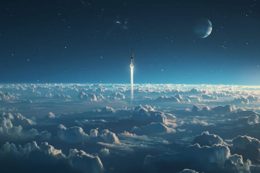 Rocket launching into outer space, A rocket soars from Earth into space, Generative AI.