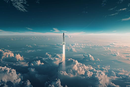 Rocket launching into outer space, A rocket soars from Earth into space, Generative AI.