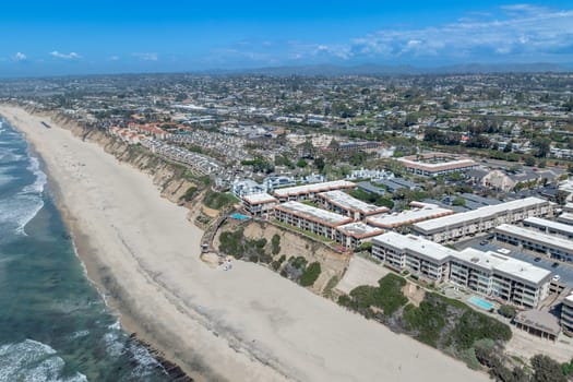 Aerial view of Del Mar Shores, California coastal cliffs and House with blue Pacific ocean. San Diego County, California, USA