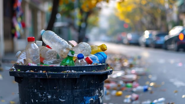 Photo of a trash can filled with plastic bottle, plastic pollution, Generative AI.