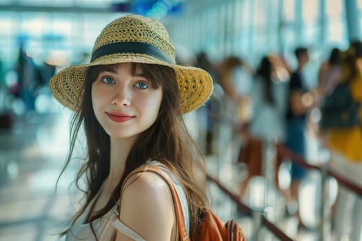 Young beautiful woman waiting in the airport terminal, travel concept, Generative AI..