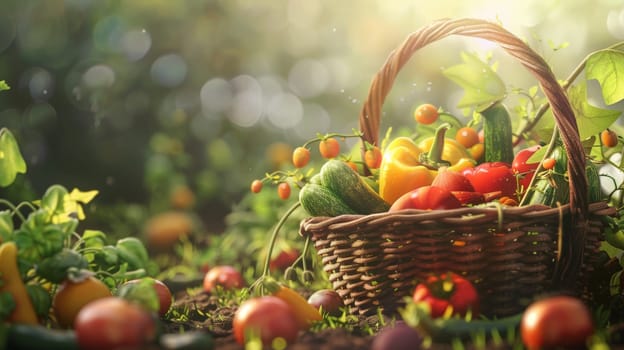 Basket with harvested vegetables on natural background for decoration. Generative AI.