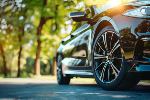 Perspective angle of a wheel car, Tires on the asphalt road, Generative AI.