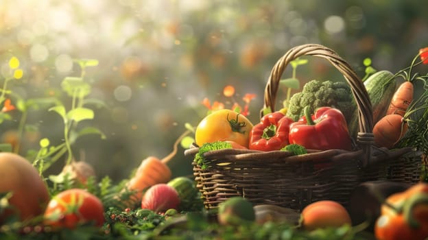 Basket with harvested vegetables on natural background for decoration. Generative AI.