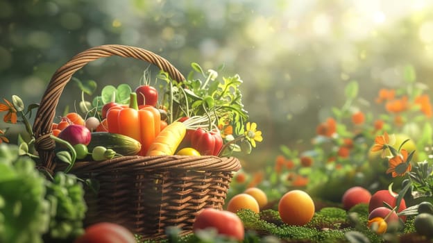 Basket with harvested vegetables on natural background for decoration. Generative AI.