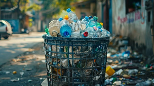 Photo of a trash can filled with plastic bottle, plastic pollution, Generative AI.