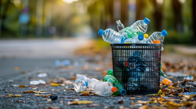 Photo of a trash can filled with plastic bottle, plastic pollution, Generative AI.