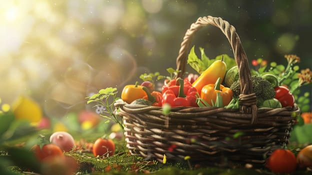 Basket with harvested vegetables on natural background for decoration. Generative AI.