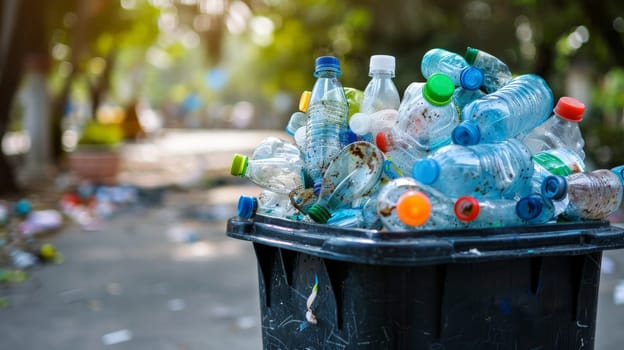 Photo of a trash can filled with plastic bottle, plastic pollution, Generative AI.