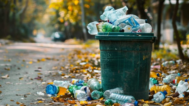 Photo of a trash can filled with plastic bottle, plastic pollution, Generative AI.