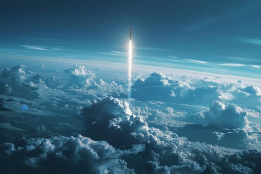 Rocket launching into outer space, A rocket soars from Earth into space, Generative AI.
