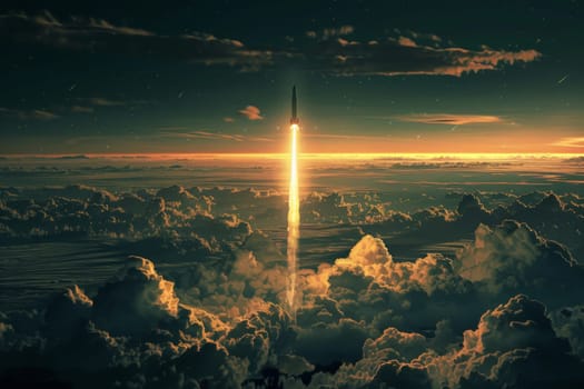 Rocket launching into outer space, A rocket soars from Earth into space, Generative AI.