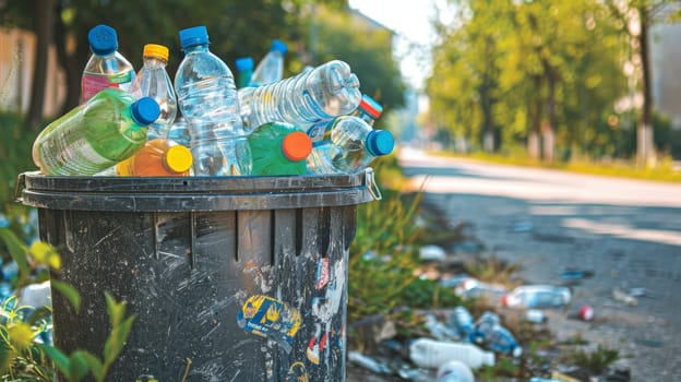 Photo of a trash can filled with plastic bottle, plastic pollution, Generative AI.