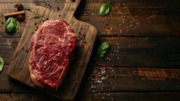 A piece of fresh marbled beef on a wooden background for you decoration, Generative AI.