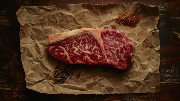 A piece of fresh marbled beef on a wooden background for you decoration, Generative AI.