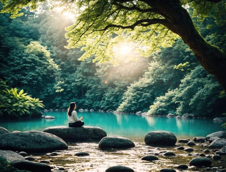 The image shows a woman sitting on a rock in the middle of a river, surrounded by trees and foliage.