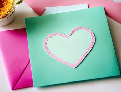 The image is a pink heart-shaped card with a white envelope on top of it.