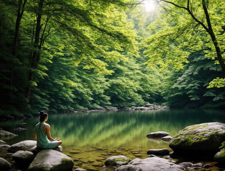 The image shows a woman sitting on a rock in the middle of a river surrounded by trees and greenery.