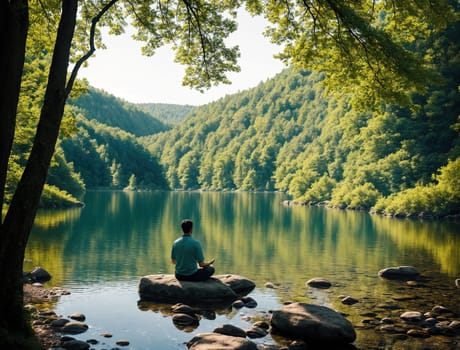 The image shows a person sitting on a rock in the middle of a river, surrounded by trees and greenery, with a mountain range in the background.