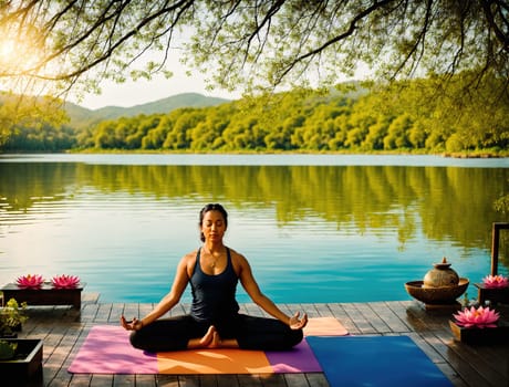 The image shows a woman in a yoga pose on a wooden deck overlooking a serene lake with trees and mountains in the background.