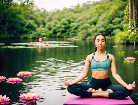 The image shows a woman in a yoga pose on the water, surrounded by lotus flowers and trees.