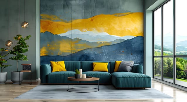 A modern living room with a studio couch in shades of blue, complemented by a large painting on the wall. The interior design features wood furniture, a plant, and a coffee table for added comfort