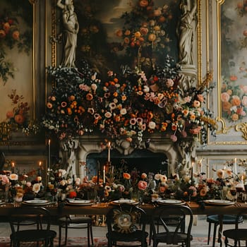 A room in the city building with a table, chairs, fireplace adorned with flowers, candles, and artwork. Perfected by floristry and visual arts