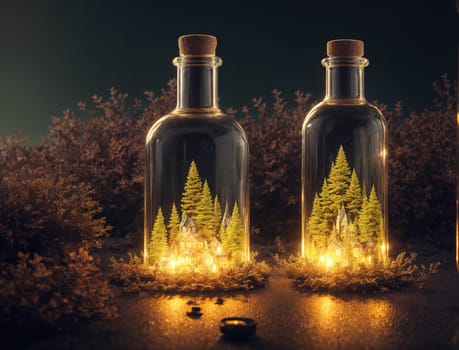 The image shows two glass bottles with glowing lights inside, one with a forest scene and the other with a mountain scene.